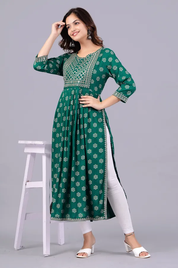 Green_Floral_Printed_Round_Neck_Sequinned_Aliya_Cut_Kurta_For_Women