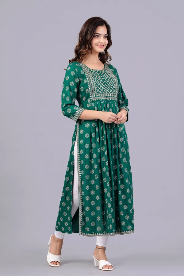 Green_Floral_Printed_Round_Neck_Sequinned_Aliya_Cut_Kurta_For_Women
