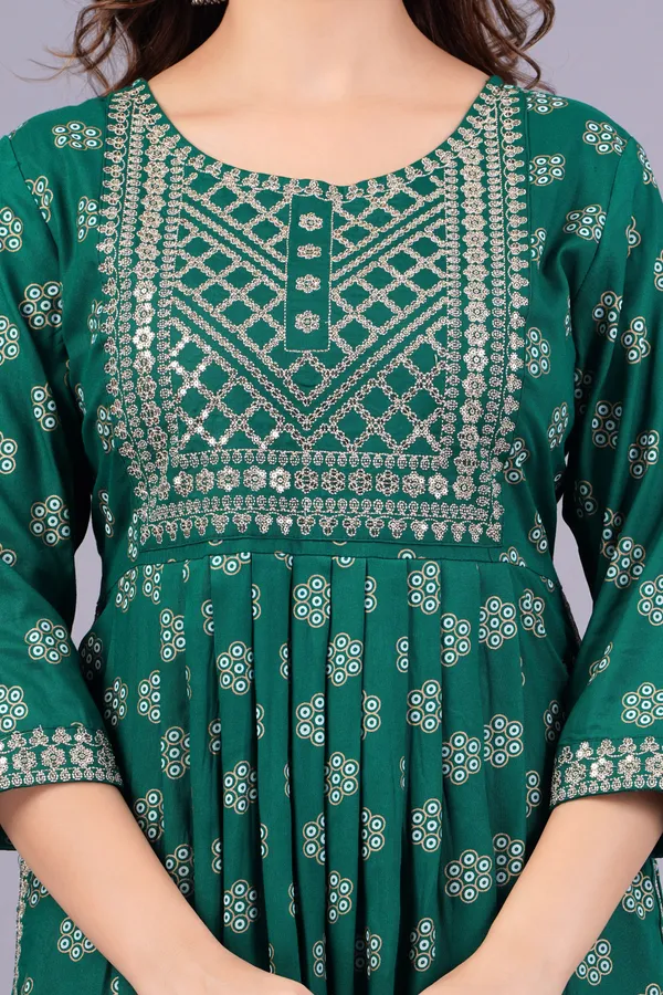 Green_Floral_Printed_Round_Neck_Sequinned_Aliya_Cut_Kurta_For_Women
