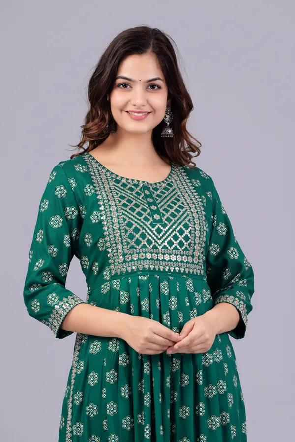 Green_Floral_Printed_Round_Neck_Sequinned_Aliya_Cut_Kurta_For_Women
