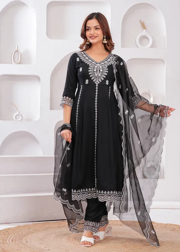 Black_V-Neck_Floral_Embroidered_Thread_Work_Anarkali_Kurta_With_Trouser_&_Dupatta_For_Women