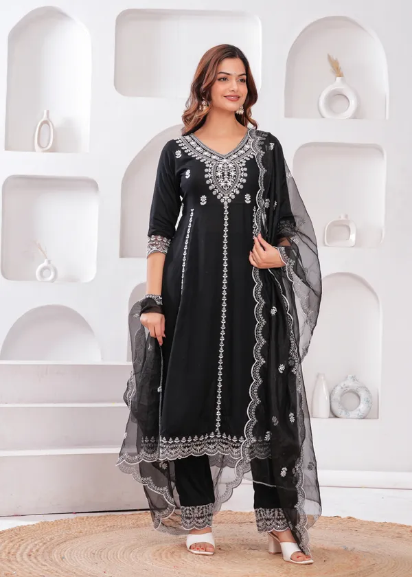 Black_V-Neck_Floral_Embroidered_Thread_Work_Anarkali_Kurta_With_Trouser_&_Dupatta_For_Women