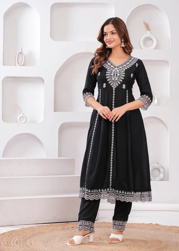 Black_V-Neck_Floral_Embroidered_Thread_Work_Anarkali_Kurta_With_Trouser_&_Dupatta_For_Women