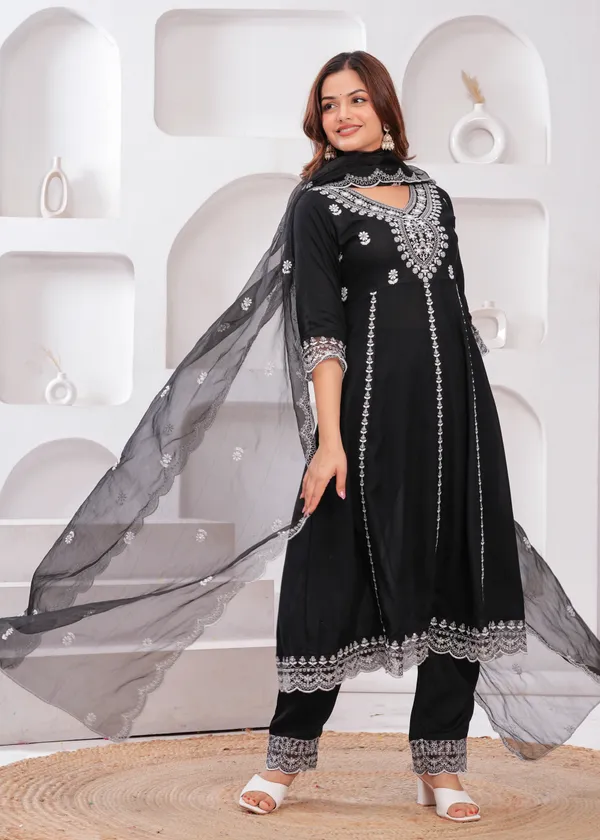 Black_V-Neck_Floral_Embroidered_Thread_Work_Anarkali_Kurta_With_Trouser_&_Dupatta_For_Women