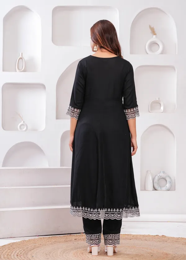 Black_V-Neck_Floral_Embroidered_Thread_Work_Anarkali_Kurta_With_Trouser_&_Dupatta_For_Women