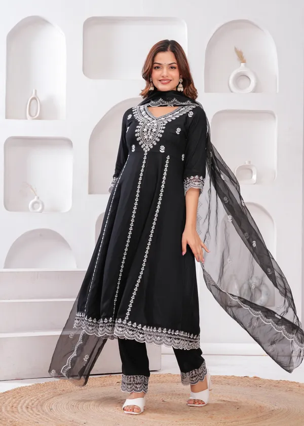 Black_V-Neck_Floral_Embroidered_Thread_Work_Anarkali_Kurta_With_Trouser_&_Dupatta_For_Women