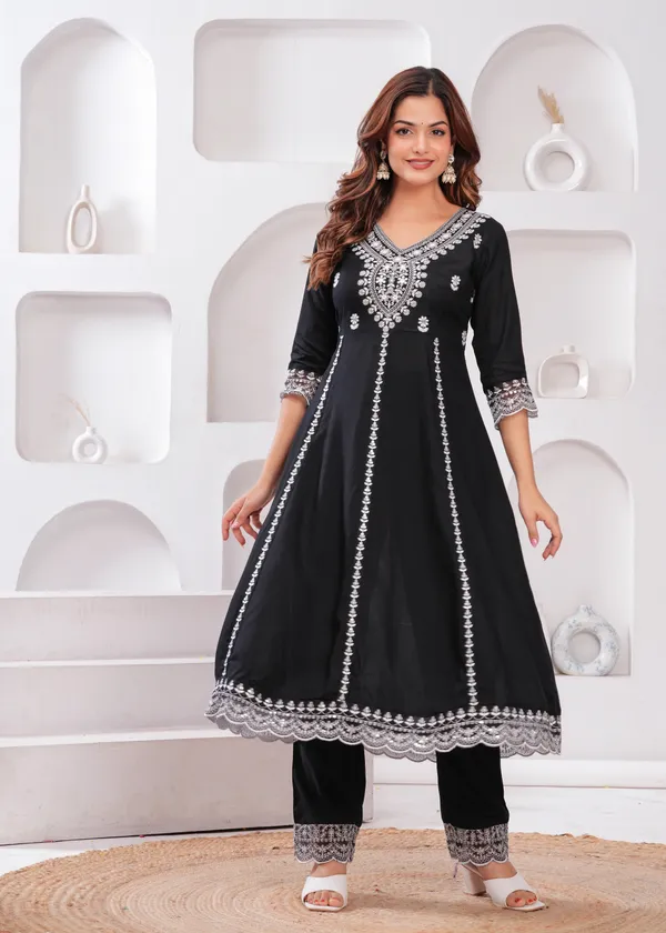 Black_V-Neck_Floral_Embroidered_Thread_Work_Anarkali_Kurta_With_Trouser_&_Dupatta_For_Women