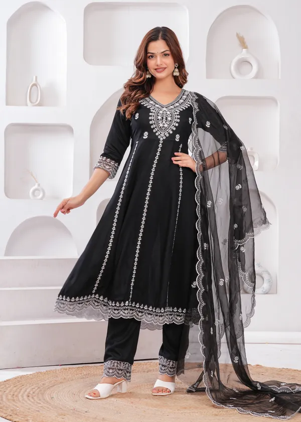 Black_V-Neck_Floral_Embroidered_Thread_Work_Anarkali_Kurta_With_Trouser_&_Dupatta_For_Women