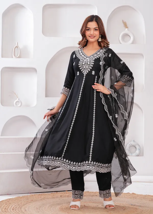 Black_V-Neck_Floral_Embroidered_Thread_Work_Anarkali_Kurta_With_Trouser_&_Dupatta_For_Women