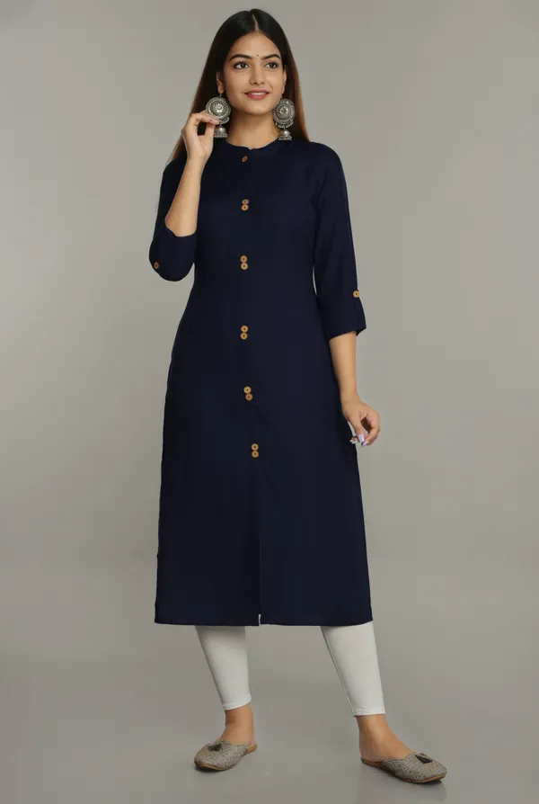 Navy_Blue_Mandarin_Collar_Roll-Up_Sleeves_Straight_Kurta_For_Women