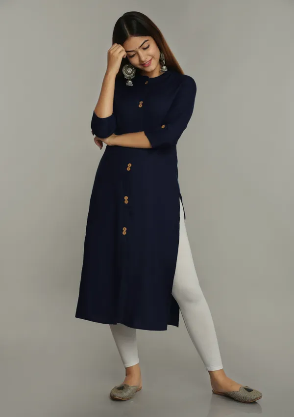 Navy_Blue_Mandarin_Collar_Roll-Up_Sleeves_Straight_Kurta_For_Women
