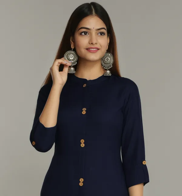Navy_Blue_Mandarin_Collar_Roll-Up_Sleeves_Straight_Kurta_For_Women