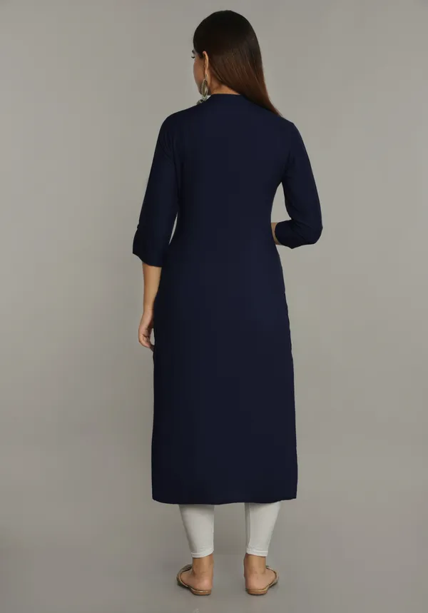 Navy_Blue_Mandarin_Collar_Roll-Up_Sleeves_Straight_Kurta_For_Women