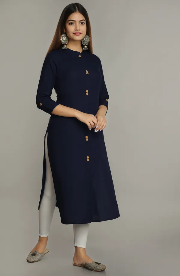 Navy_Blue_Mandarin_Collar_Roll-Up_Sleeves_Straight_Kurta_For_Women