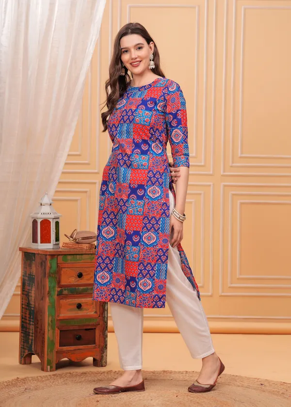 Blue_Ethnic_Motifs_Printed_Round_Neck_Straight_Cotton_Kurta_For_Women