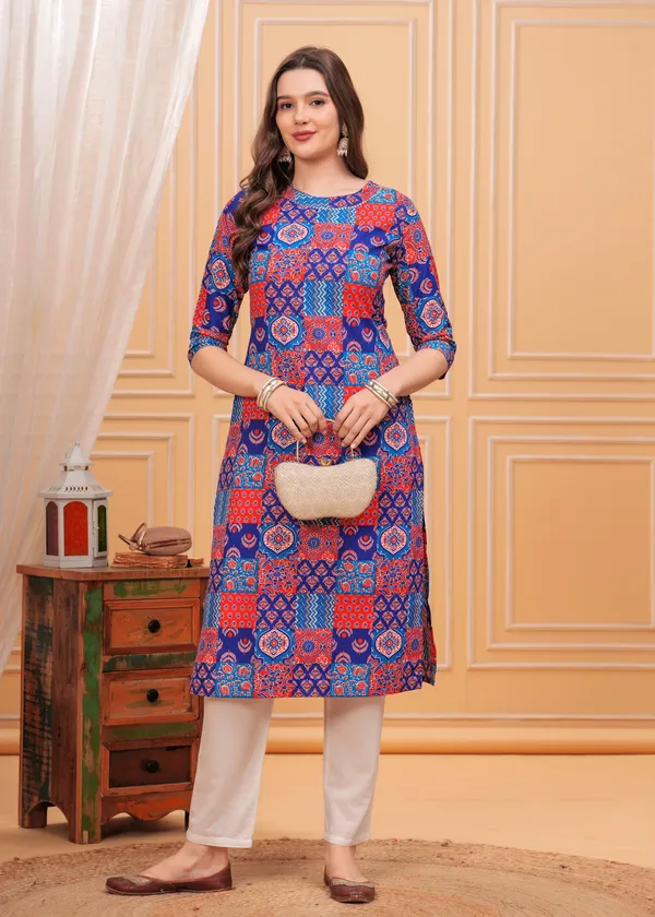 Blue_Ethnic_Motifs_Printed_Round_Neck_Straight_Cotton_Kurta_For_Women