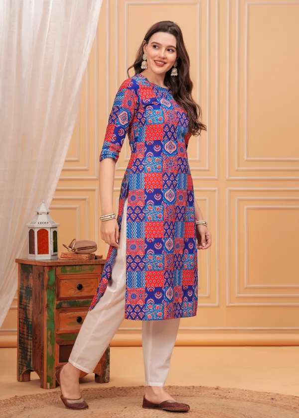 Blue_Ethnic_Motifs_Printed_Round_Neck_Straight_Cotton_Kurta_For_Women