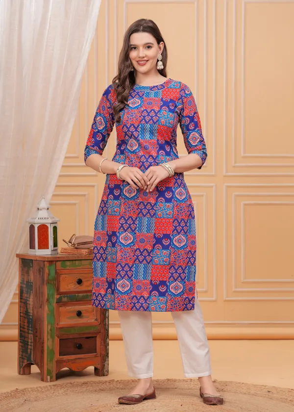 Blue_Ethnic_Motifs_Printed_Round_Neck_Straight_Cotton_Kurta_For_Women