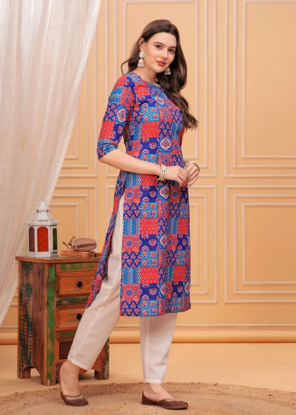 Blue_Ethnic_Motifs_Printed_Round_Neck_Straight_Cotton_Kurta_For_Women