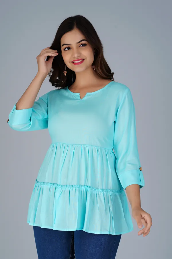 Sky_Blue_Three-Quarter_Sleeves_Longline_Tiered_Top_For_Women