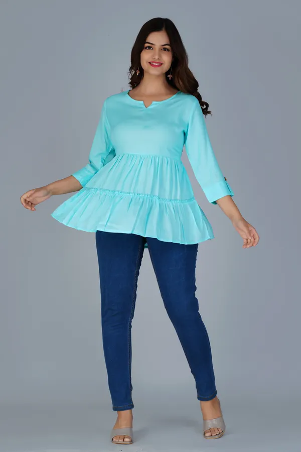 Sky_Blue_Three-Quarter_Sleeves_Longline_Tiered_Top_For_Women