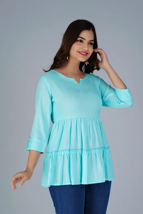 Sky_Blue_Three-Quarter_Sleeves_Longline_Tiered_Top_For_Women