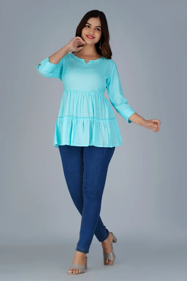 Sky_Blue_Three-Quarter_Sleeves_Longline_Tiered_Top_For_Women