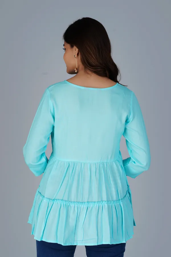 Sky_Blue_Three-Quarter_Sleeves_Longline_Tiered_Top_For_Women