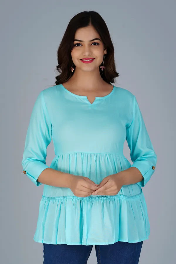 Sky_Blue_Three-Quarter_Sleeves_Longline_Tiered_Top_For_Women