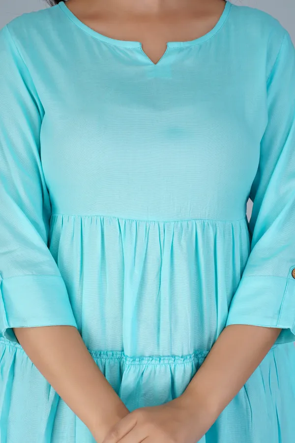 Sky_Blue_Three-Quarter_Sleeves_Longline_Tiered_Top_For_Women