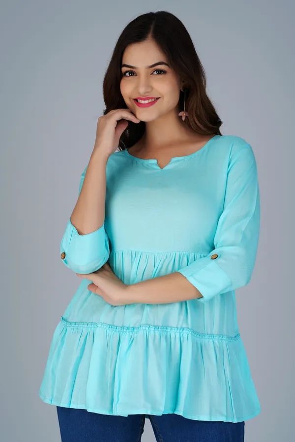 Sky_Blue_Three-Quarter_Sleeves_Longline_Tiered_Top_For_Women