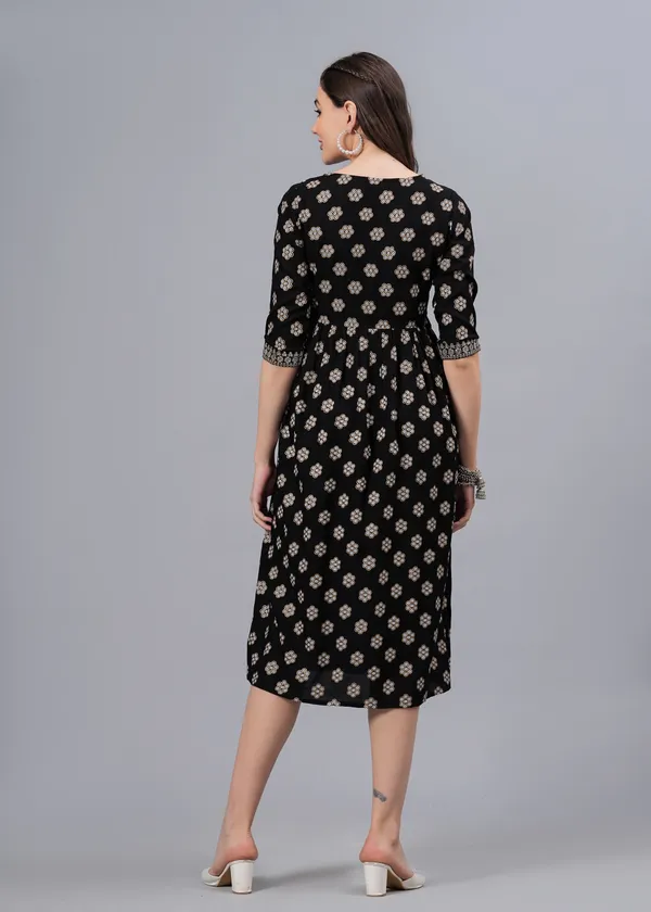 Black_Floral_Printed_V-Neck_Sequinned_Empire_Midi_Ethnic_Dress_For_Women