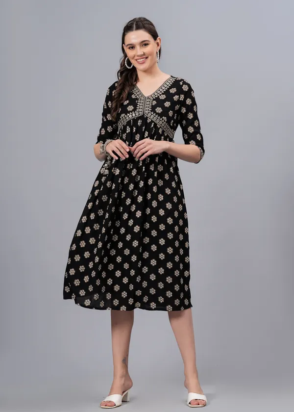 Black_Floral_Printed_V-Neck_Sequinned_Empire_Midi_Ethnic_Dress_For_Women