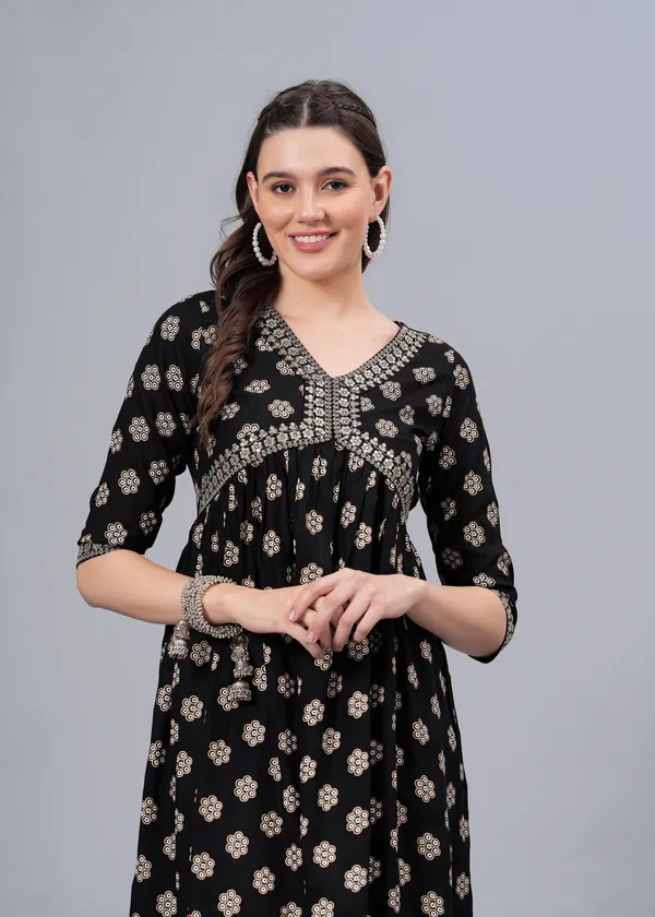 Black_Floral_Printed_V-Neck_Sequinned_Empire_Midi_Ethnic_Dress_For_Women