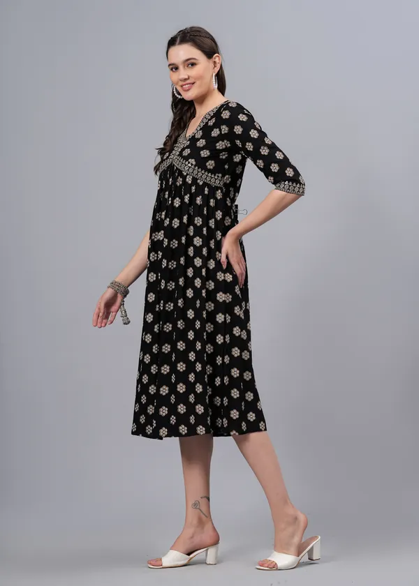 Black_Floral_Printed_V-Neck_Sequinned_Empire_Midi_Ethnic_Dress_For_Women