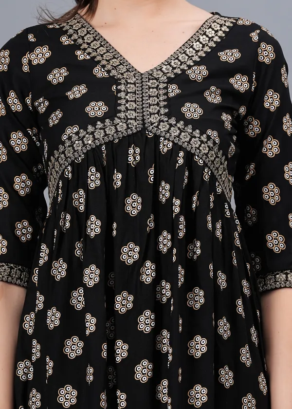 Black_Floral_Printed_V-Neck_Sequinned_Empire_Midi_Ethnic_Dress_For_Women