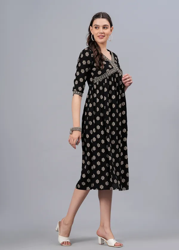 Black_Floral_Printed_V-Neck_Sequinned_Empire_Midi_Ethnic_Dress_For_Women