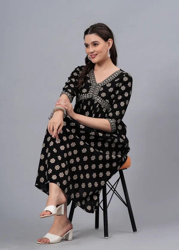 Black_Floral_Printed_V-Neck_Sequinned_Empire_Midi_Ethnic_Dress_For_Women