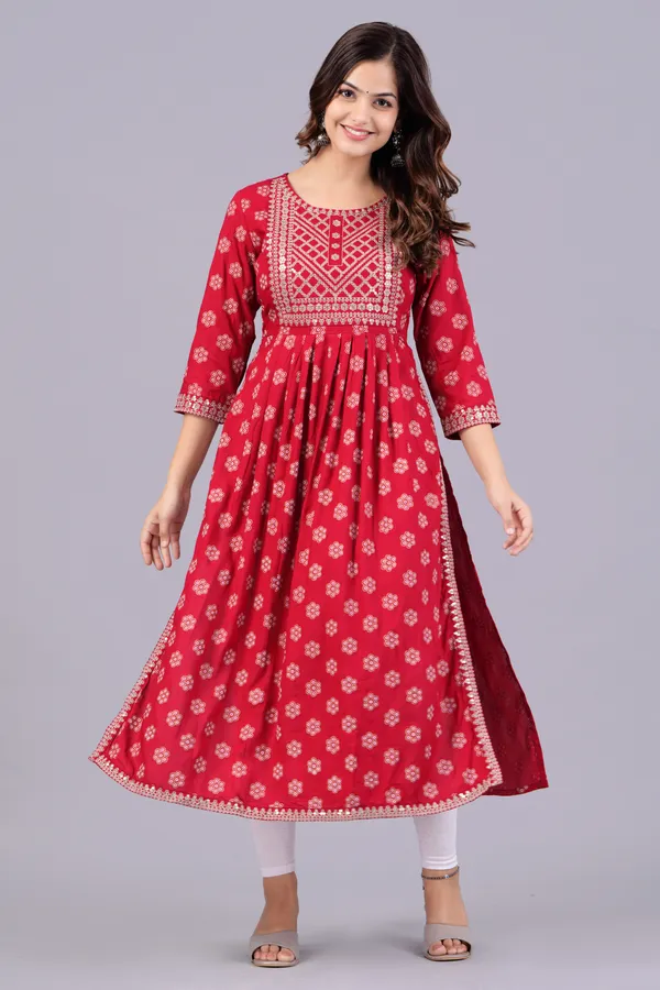 Red_Floral_Printed_Round_Neck_Sequinned_Aliya_Cut_Kurta_For_Women