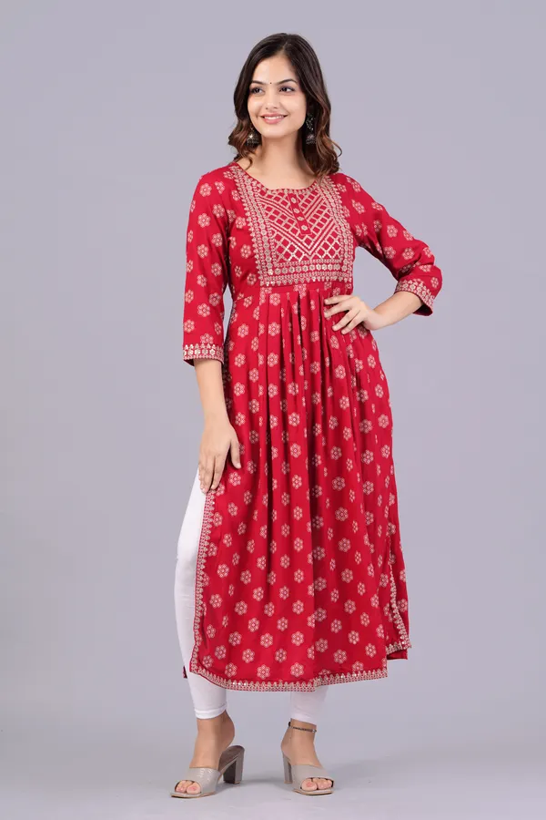 Red_Floral_Printed_Round_Neck_Sequinned_Aliya_Cut_Kurta_For_Women