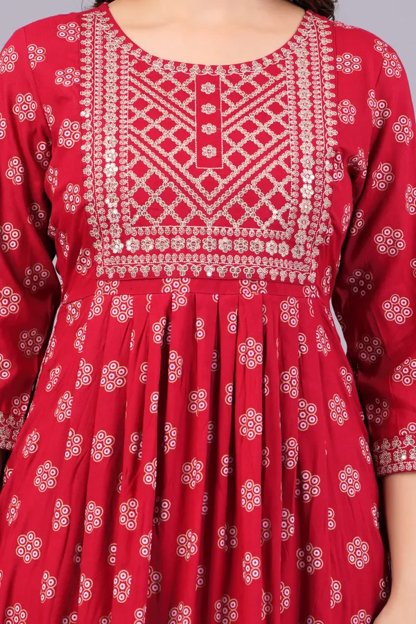 Red_Floral_Printed_Round_Neck_Sequinned_Aliya_Cut_Kurta_For_Women