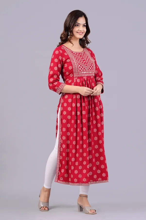 Red_Floral_Printed_Round_Neck_Sequinned_Aliya_Cut_Kurta_For_Women