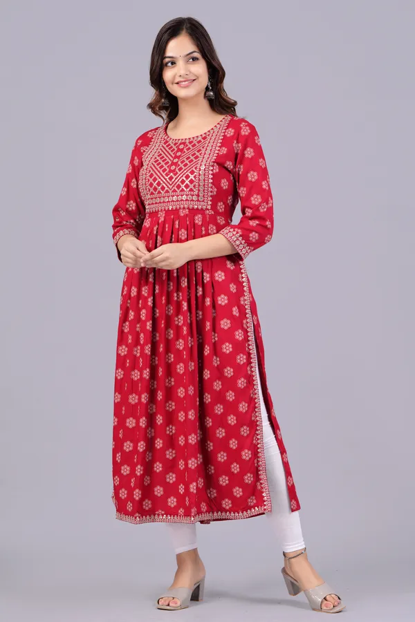 Red_Floral_Printed_Round_Neck_Sequinned_Aliya_Cut_Kurta_For_Women