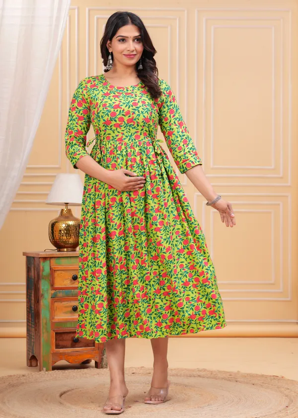 Parrot_Green_Printed_Maternity_Gown_Kurta_For_Women