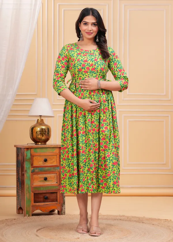Parrot_Green_Printed_Maternity_Gown_Kurta_For_Women