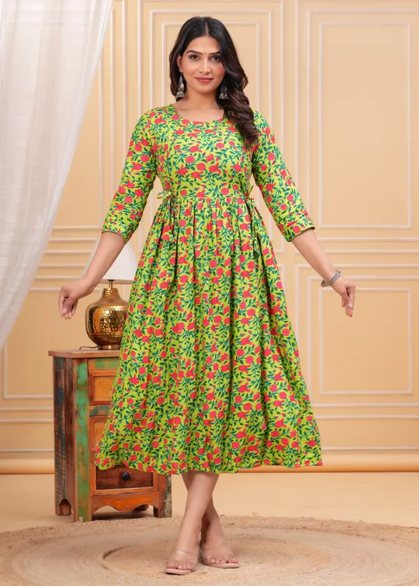 Parrot_Green_Printed_Maternity_Gown_Kurta_For_Women