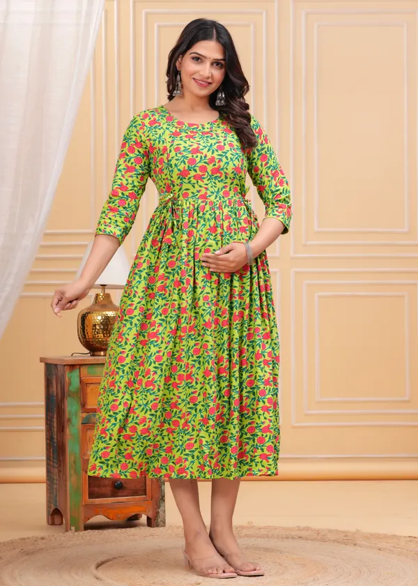 Parrot_Green_Printed_Maternity_Gown_Kurta_For_Women