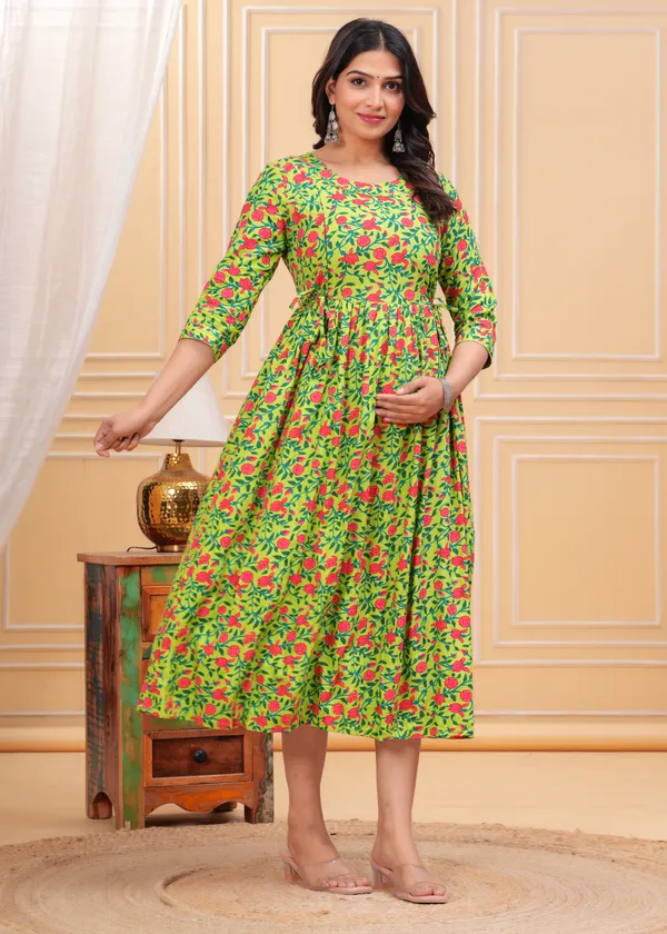 Parrot_Green_Printed_Maternity_Gown_Kurta_For_Women