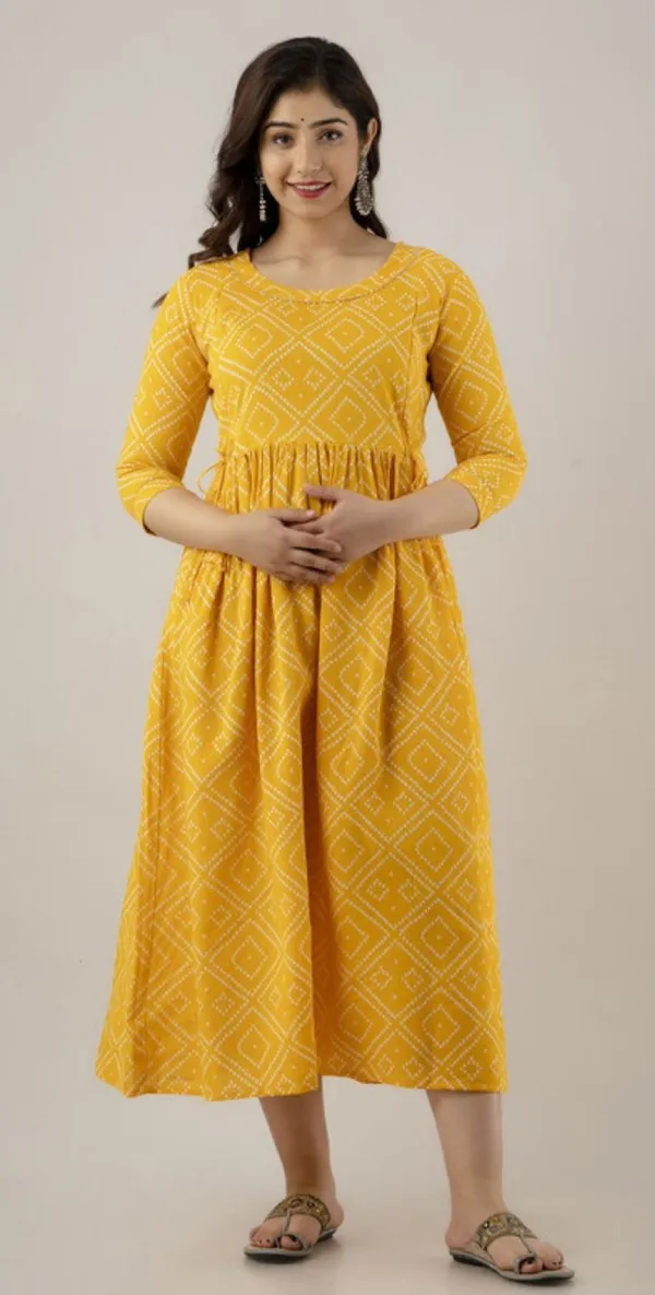 Yellow_Printed_Maternity_Gown_Kurta_For_Women