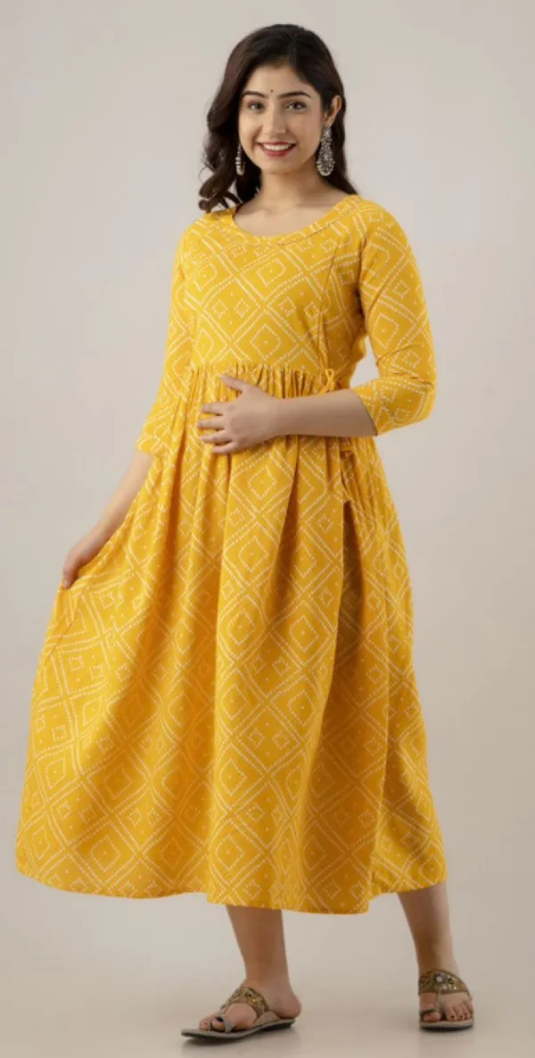 Yellow_Printed_Maternity_Gown_Kurta_For_Women
